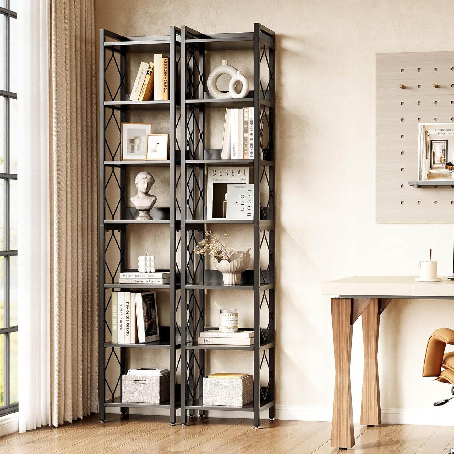 LITTLE TREE Book Shelf Set of 2, 7-Tier Tall Bookcase, Wooden Display Shelves with Metal Frame for Living Room, Modern Narrow Standing Bookshelves for Bedroom, Black Office Shelf for Small Spaces