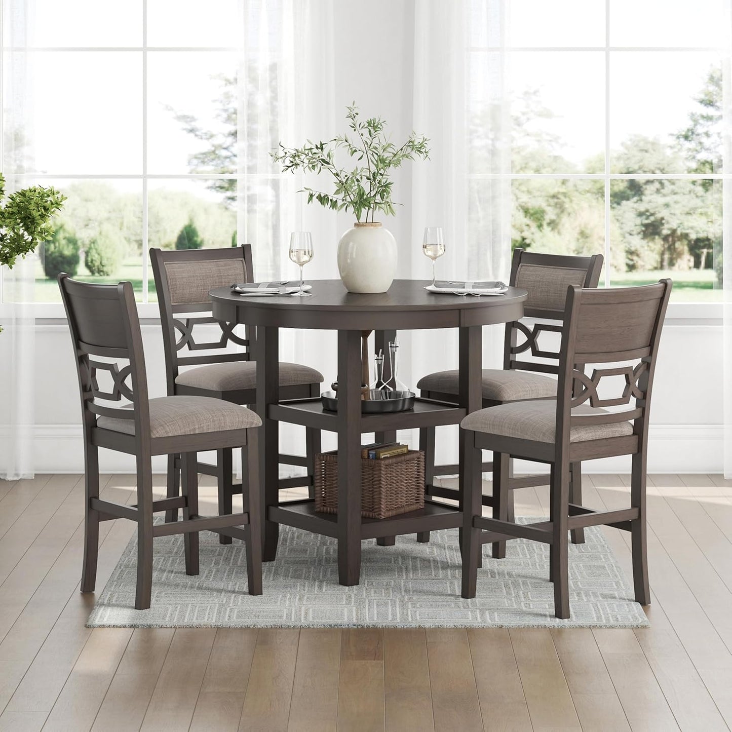 Signature Design by Ashley Wrenning Modern Diamond Patterned Counter Height Dining Table and 4 Upholstered Bar Stools with 2 Shelves, Set of 5, Gray & Light Gray