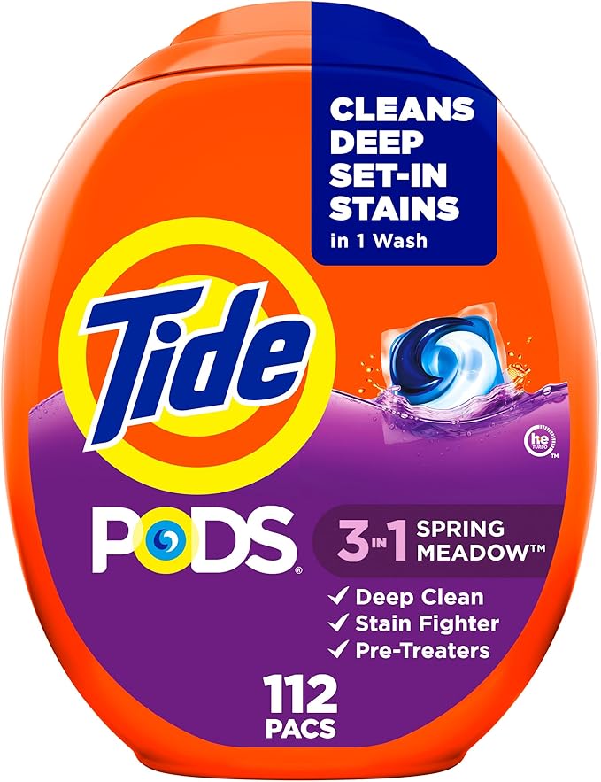 Tide PODS laundry detergent pacs, 3-in-1 Stain Remover, Odor Fighter, Color Protector, 112 Count, HE compatible, Spring Meadow Scent