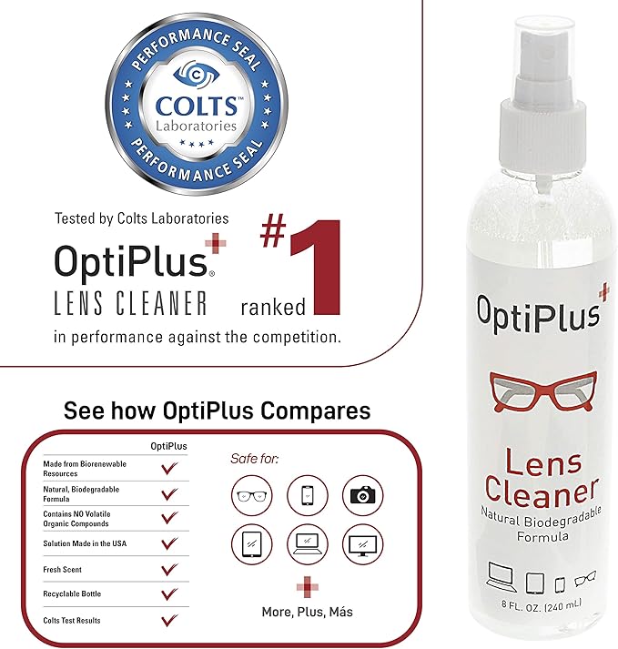 OptiPlus 16oz All Natural Lens and Screen Cleaning Pack, Lens Wipes, Microfiber Cloth and 16 x 16 Microfiber Terry Towel 3 Pack (Grey)