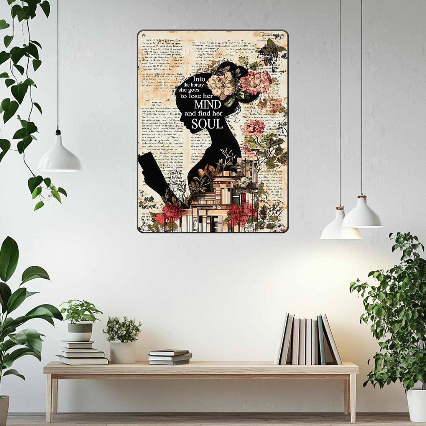 Girl Reading Book Vintage Metal Iron Tin Sign Into The Library She Goes To Lose Her Mind And Find Her Soul Retro Wall Decor Poster Home School Library Coffee Shop Club 12x16 Inch
