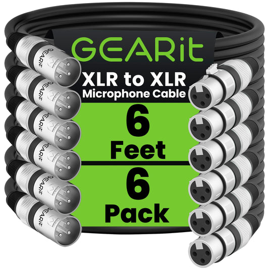 GEARit XLR Male to Female Microphone Cable (6 Feet, 6-Pack) 3-Pin Balanced Shielded Mixer, Recording Studio, Podcast - Black