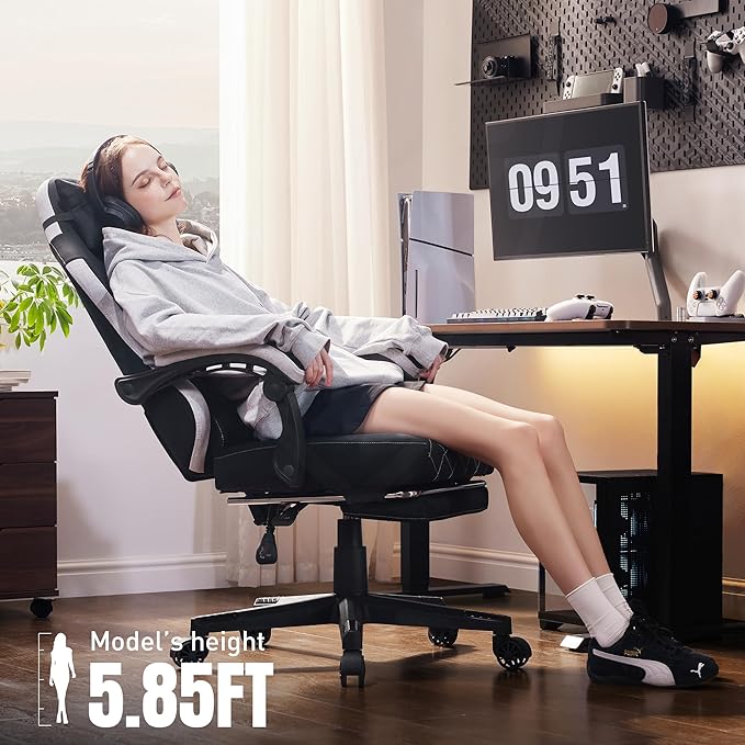 Dowinx Gaming Chair, Fabric Gaming Chairs for Adults with Pocket Spring Cushions and Lumbar Support, Ergonomic Massage Office Chair High Back with Footrest and Linkage Armrests, Black