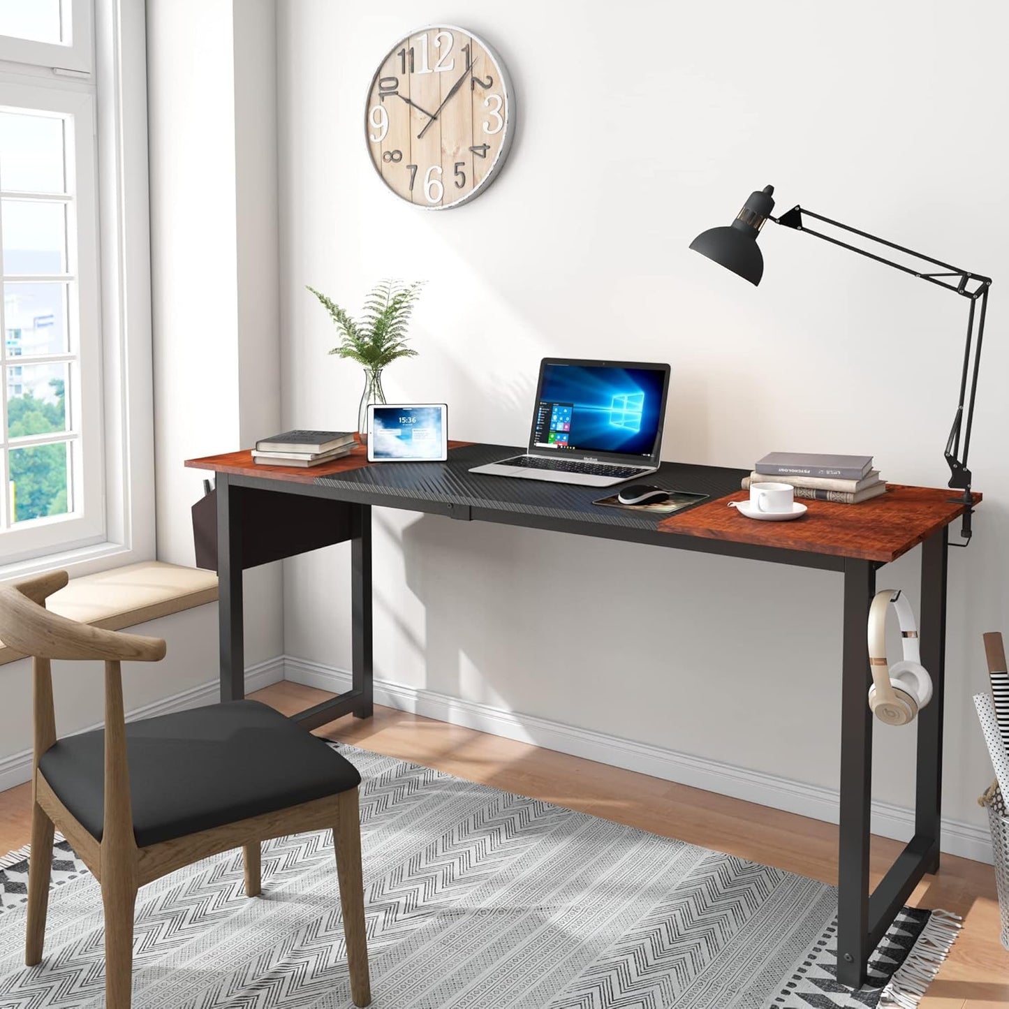 Decoholic 63 Inch Home Office Computer Two-Color Panel Desk with Storage Bag and Hook, Black, Sandalwood Color, Industrial Modern Laptop Desk