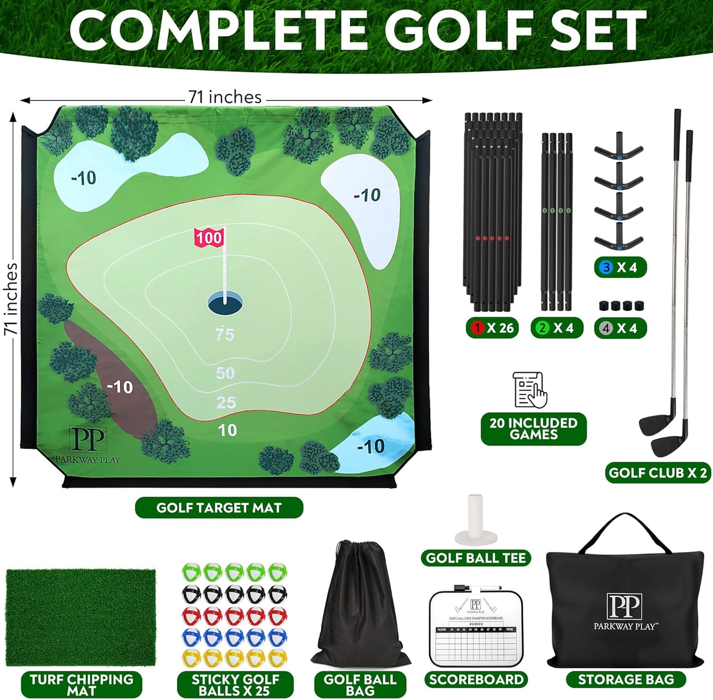 Sticky Golf Chipping Game Set - 6x6 ft Metal Frame with 2 Adjustable Clubs, 25 Sticky Balls, Turf Chipping Mat & Scoreboard - Backyard Golf Target Game for All Ages for Indoor/Outdoor Practice