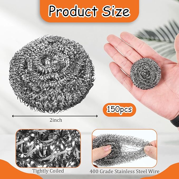 150 Pieces Stainless Steel Scourers Bulk Steel Wool Scrubbers Small 10 gram Metal Sponges Wire Scouring Pad for Stoves, Pots, Pans, Oven, Cooker Hoods for Kitchen Bathrooms(Separately Packaged)