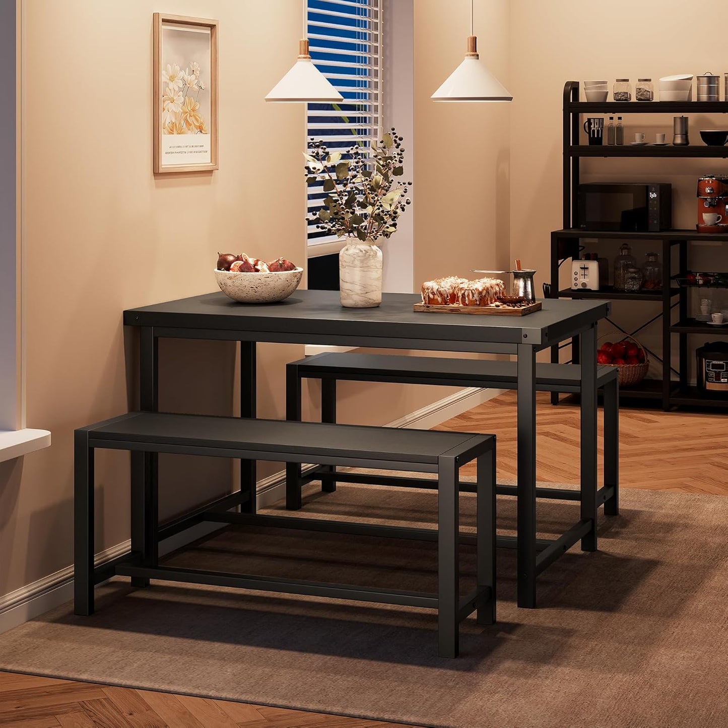 Dining Table Set for 4 with 2 Benches, 3-Piece Kitchen Table Set, Space-Saving Dining Set for Kitchen, Dining Room, Black