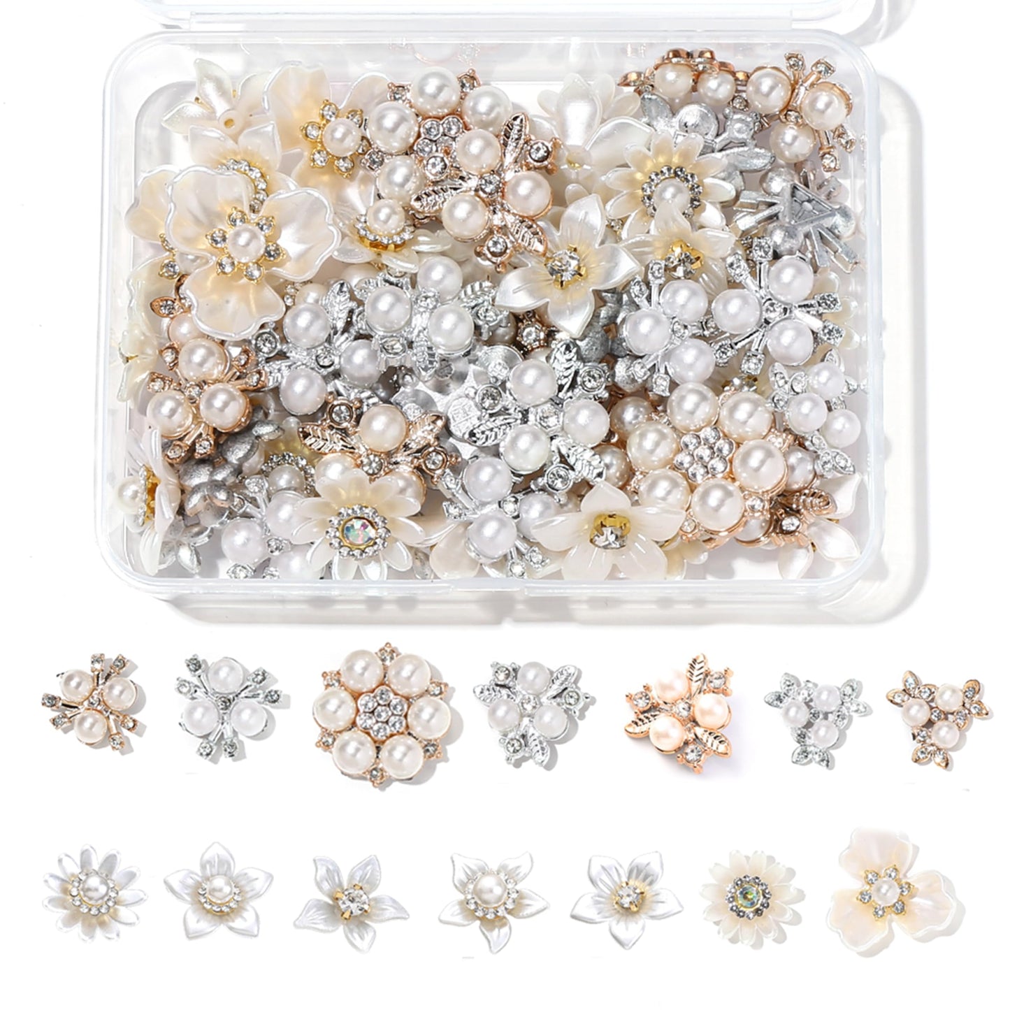 PIPITREE 112PCS Rhinestone Buttons, Acrylic Faux Pearl Buttons, Flat Back Flower Embellishments for Crafts, Jewelry Making, DIY Wedding, Decoration, Clothes, Bags, Shoes, Christmas, Thanksgiving Gifts