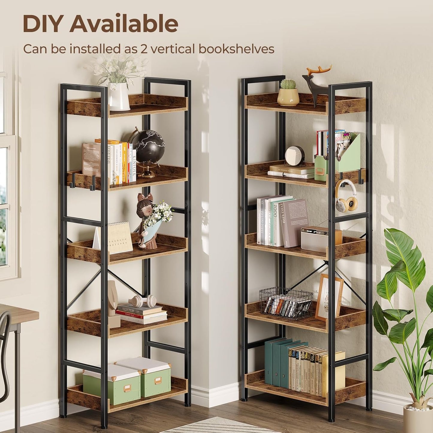 Rolanstar Bookshelf 5 Tiers, Triple Bookcase with Open Display Shelves, Industrial Wide Bookshelf with Metal Frame for Living Room, Office, Rustic Brown