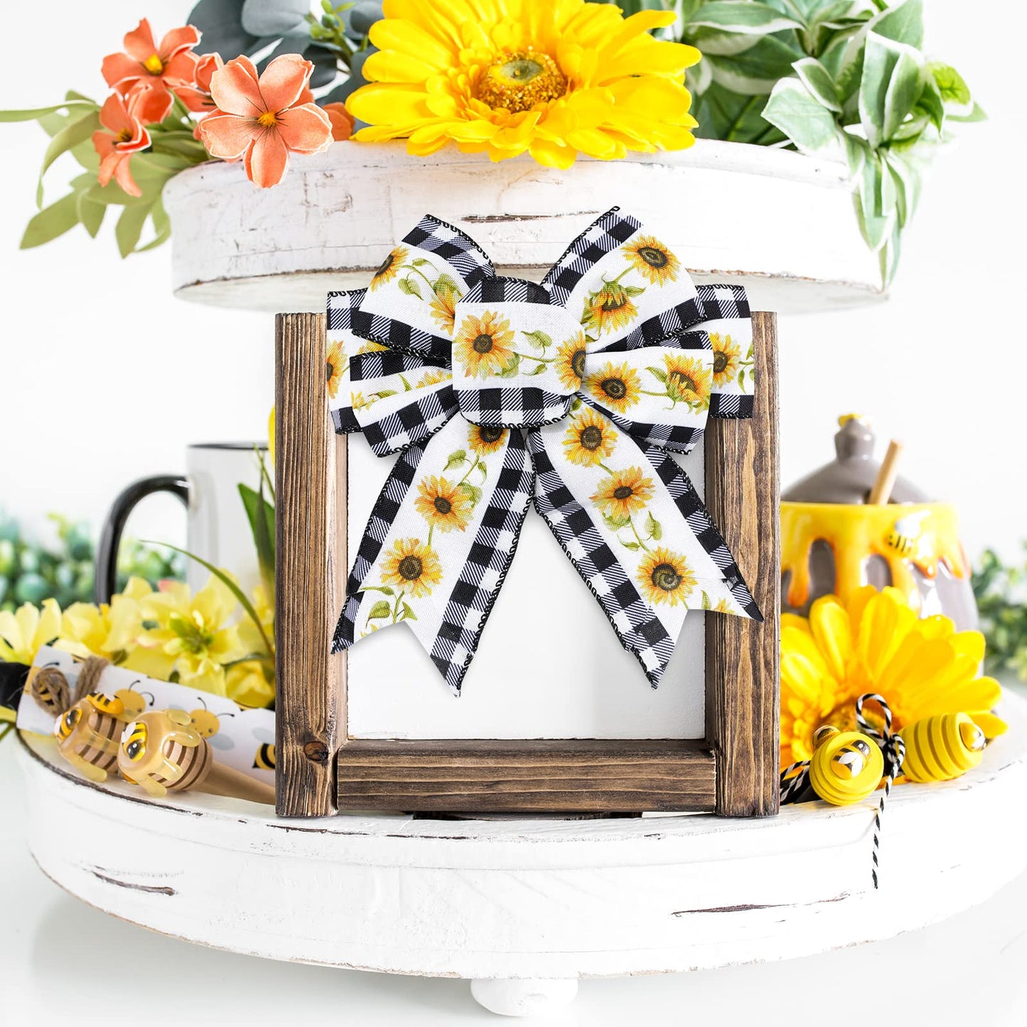 Whaline 36 Yard Sunflower Wired Edge Ribbon 6 Roll 2.5 Inch Buffalo Plaids Flower Fabric Ribbon Spring Summer Floral Decorative Craft Ribbon for Gift Wrapping Decor Hair Bow Sewing Wreath Crafts