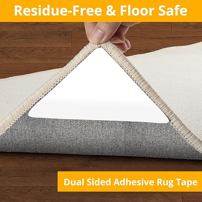 12 PCS Rug Tape, Rug Pad Gripper for Hardwood Floors, Double Sided Adhesive Carpet Tape, Reusable Anti Slip Rug Grips for Area Rugs to Keep Rugs in Place