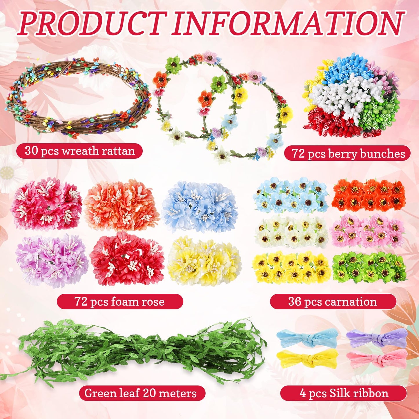 Suncalla 30 Sets Flower Crowns Making Kit, Make Your Own Flower Crown Wreath Garland Headbands and Bracelets Craft Kit Handmade DIY Floral Hair Accessories Gift for Women (Hibiscus)