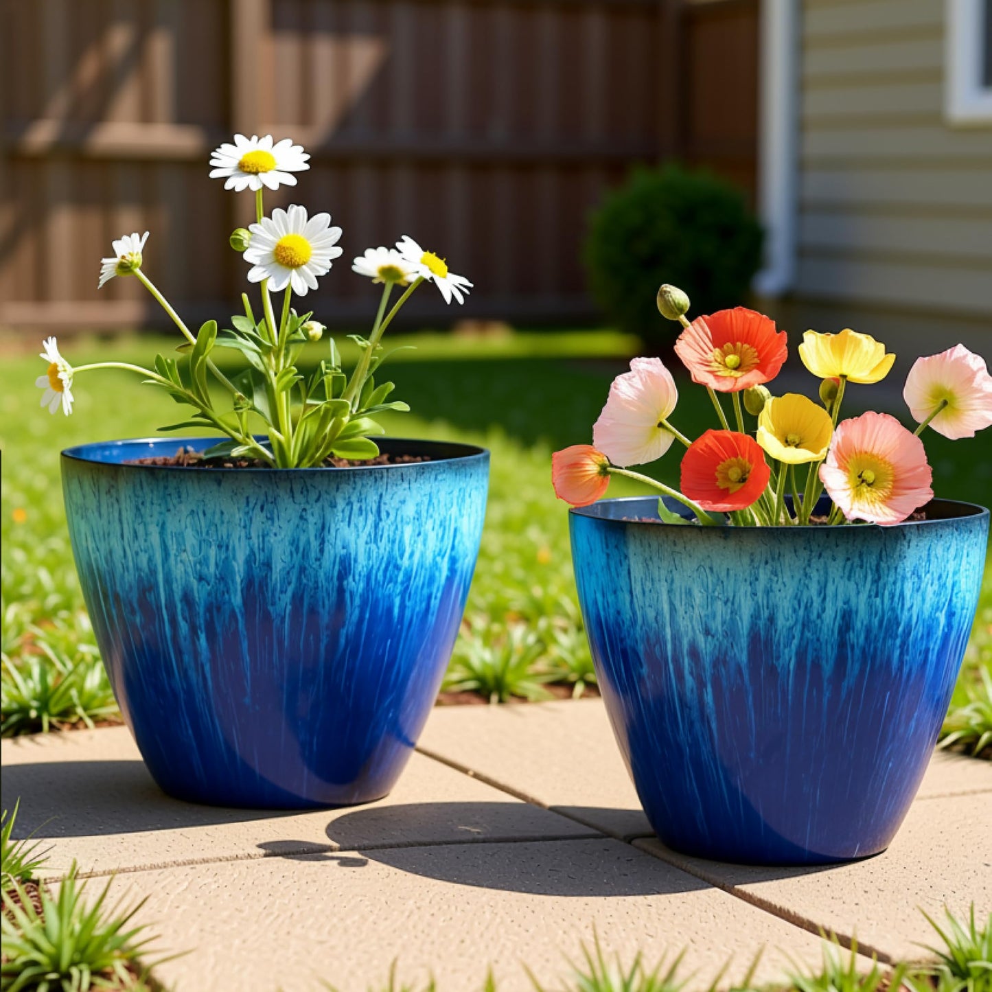 LESOASIS 8 inch Plant Pots with Drainage Holes, Pack of 4 Plastic Flower Pots Indoor, Modern Glossy Finishing Planter for Indoor Outdoor Plants (Blue Glaze, 4 Pack)