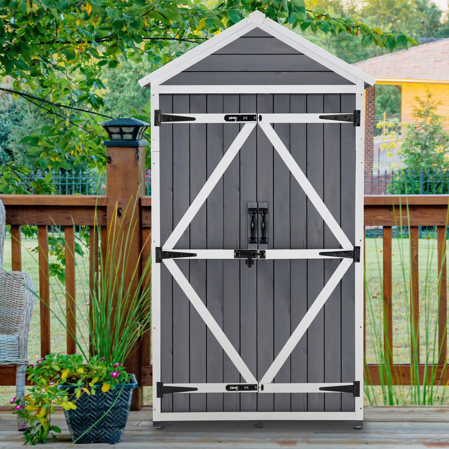 MCombo Outdoor Storage Cabinet with 2 Shelves, Outside Storage Shed with Floor, Wooden Garden Tool Shed with Latch for Yard Deck Lawn, 1000