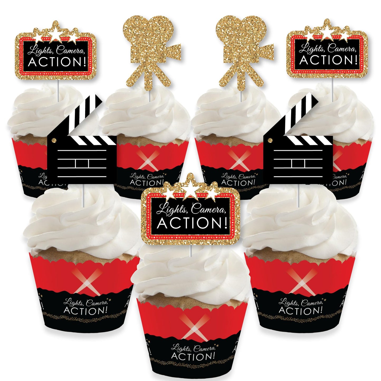 Big Dot of Happiness Red Carpet - Cupcake Decoration - Movie Night Party Cupcake Wrappers and Treat Picks Kit - Set of 24