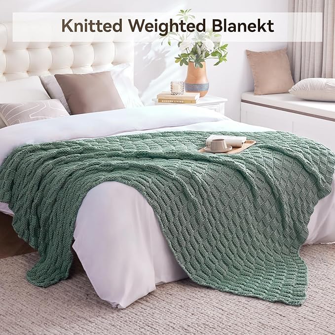 Knitted Weighted Blanket for Adult, No Beads Heavy Blanket 60” x 80'' 12lbs, Breathable Chunky Knit Blanket, Cooling Weighted Blanket for Hot Sleepers, Christmas Home Decor (Light Green)
