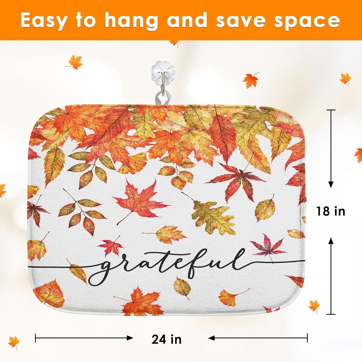 Sanwarm Absorbent Dish Drying Mat, Autumn Fall Leaves Microfiber Pad for Kitchen Counter, Thanksgiving Grateful for Coffee Bar Decor, Heat Resistant and Reversible, 18" x 24"