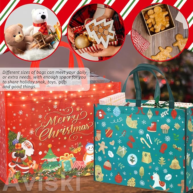 Aviski 3PCS Giant Christmas Gift Bags, Assorted Sizes, Heavy Duty Tote Grocery Treat Sewing Non-Woven Jumbo Bags with Handles for Gifts Wrapping Shopping, Xmas Party Supplies