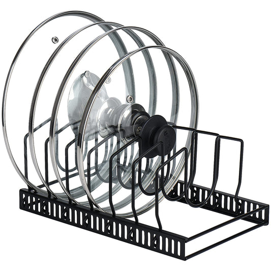 Toplife Pot Lids Organizer Rack for Cabinet and Countertop, 7+ Pan Lids and Bakeware Organizer Rack Holder with 7 Adjustable Compartments - Black