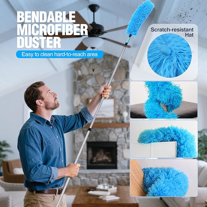Lineslife High Ceiling Duster Kits,Extendable Reusable Cobweb,Window Cleaning Squeegee,Ceiling Fan Duster,Boat Hook, for High Roof and Glass Surfaces