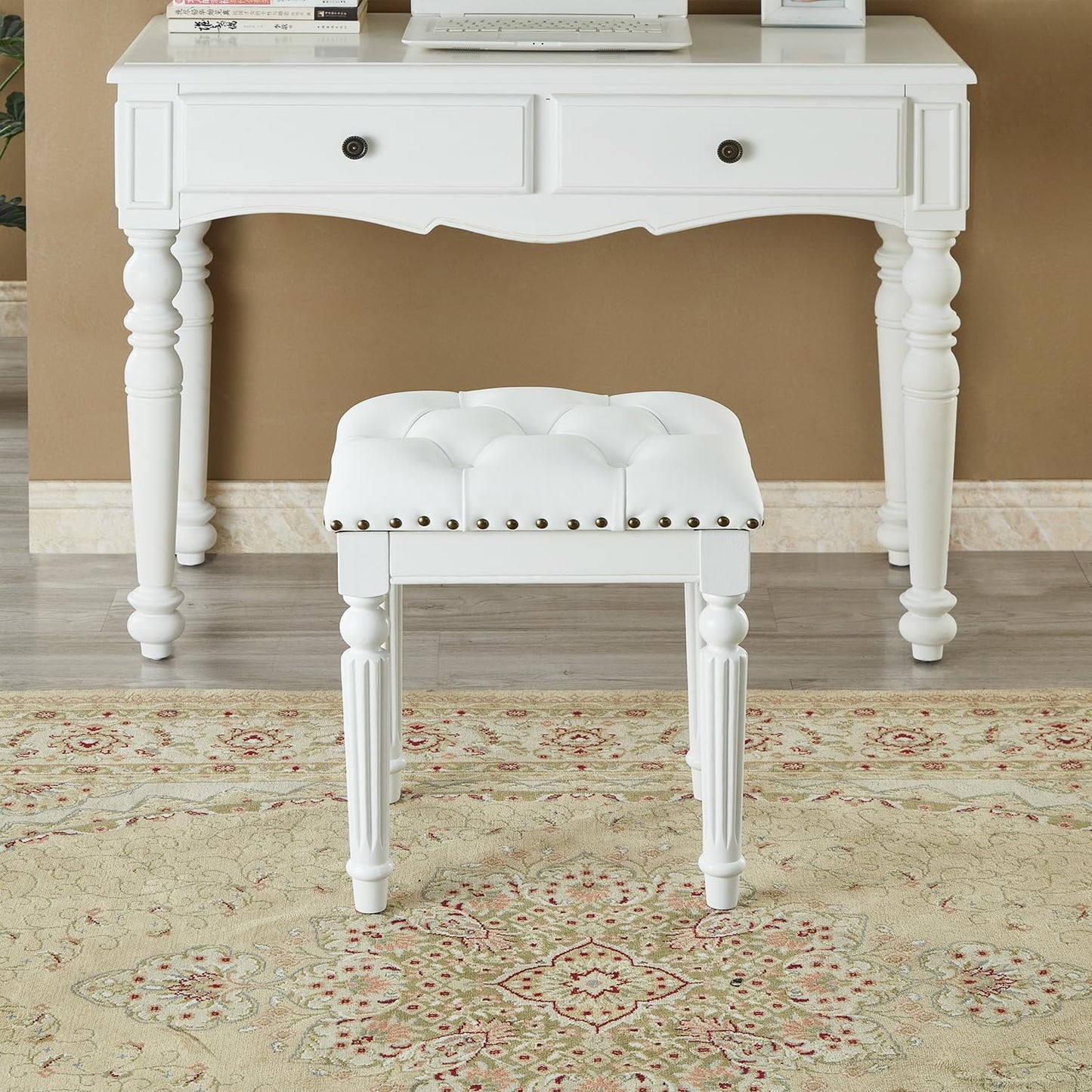 Vanity Bench Stool with Microfiber Leather Cushion, Vanity Chair Ottoman Dressing Stool with Solid Wood Legs for Bedroom, Makeup Room, Dressing Room (White)