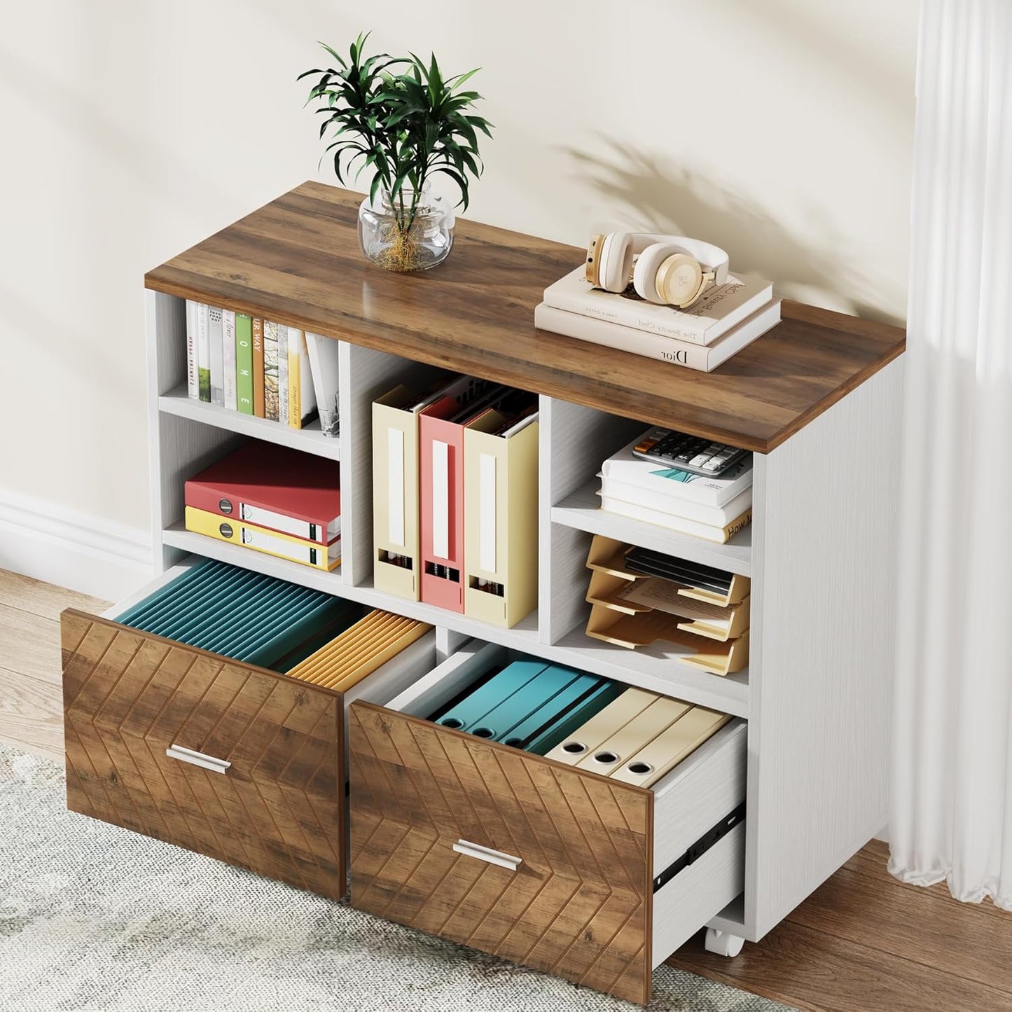 Tribesigns 2-Drawer Wood File Cabinet, Mobile Lateral Filing Cabinet for Hanging Letter Size Files, Printer Stand with Open Storage Shelves for Home Office (Oak Karo & White)