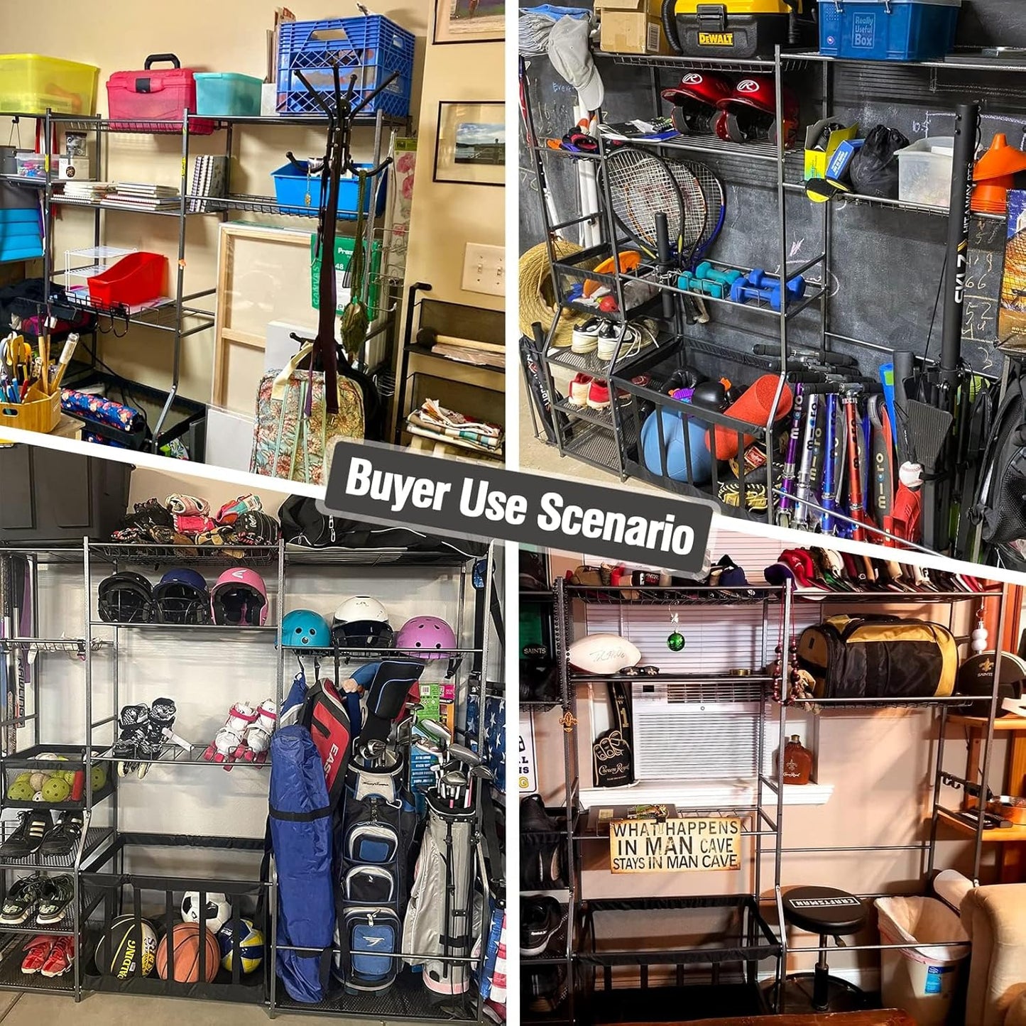 Garage Sports Equipment Organizer, golf bag storage, Ball Storage, Upgraded Sports Organizer Rack for Balls with Holder and Hooks, Indoor/Outdoor Basketball Storage Bins for Toy Sports Gear Storage.