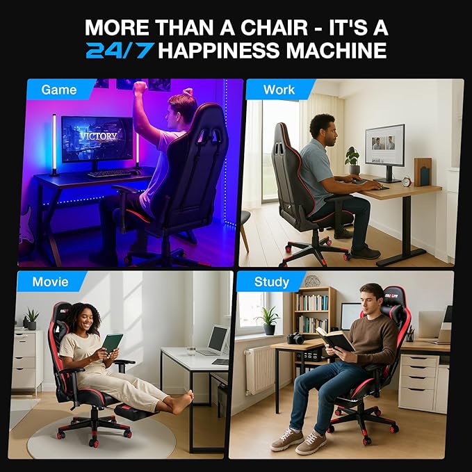 Douxlife Computer Gaming Chair with Footrest, Height Adjustable Game Chair for Adults 360°-Swivel Seat and Headrest and for Office or Gaming, Racing Style Black Red