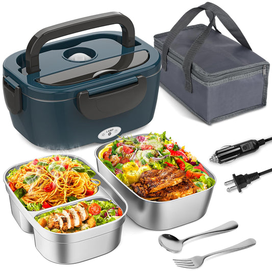 Vingud Electric Lunch Box for Adults, Heated Lunch Box for Men Women with Dual 1.5L SS Containers, Portable 80W Food Warmer for Car/Truck, Lonchera Eléctrica Portátil Christmas White Elephant Gift
