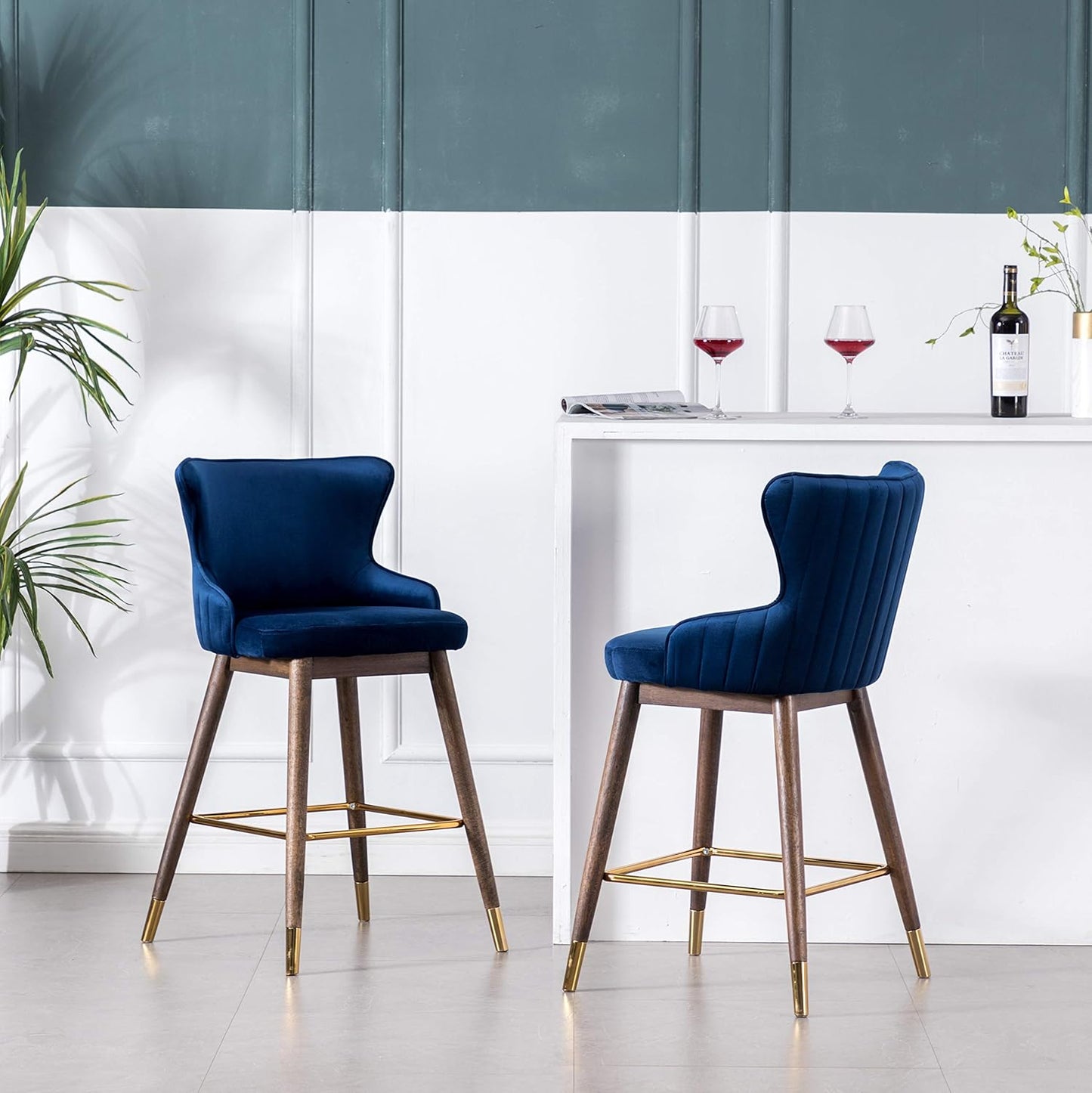 Roundhill Furniture Leland Fabric Upholstered Counter Height Wingback Stools, Set of 2, Blue