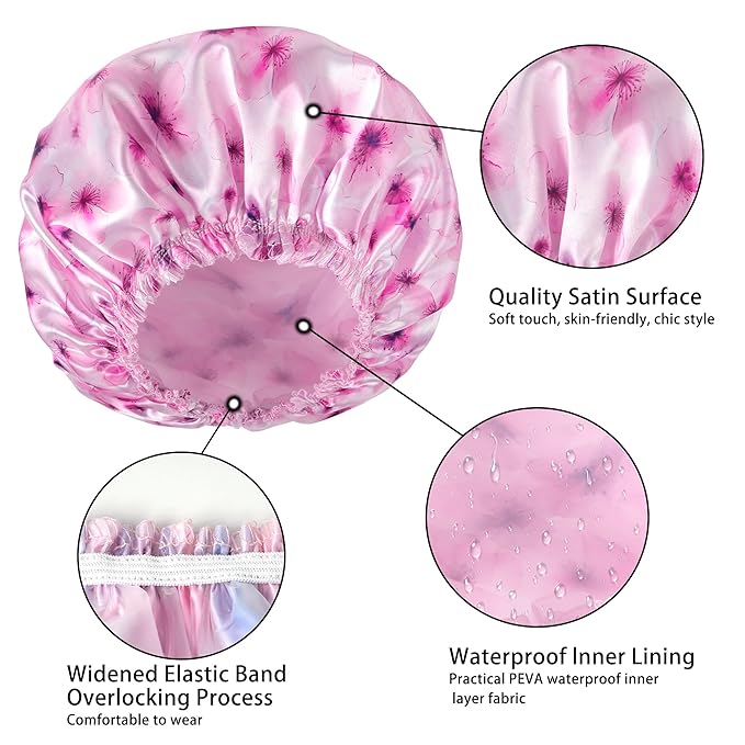 4 PCS Shower Caps for Women, Printing Bath Caps, Double Layers Shower Cap Reusable Waterproof, Bathing Shower Caps, Environmental Protection Hair Bath Hat - Flower B