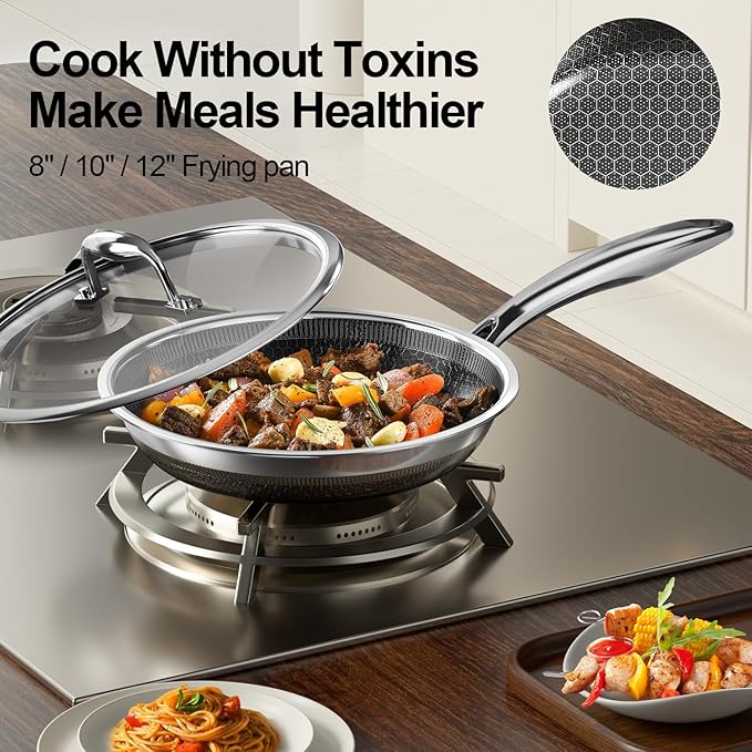 FogDream 2 Pcs Non Stick Frying Pans with 2 Lids, 10 & 11 Inch Stainless Steel Skillets, Tri-Ply Stainless Steel for All Cooktops, Dishwasher & Oven-Safe Cooking Pan, Stay-Cool Handle, Silver