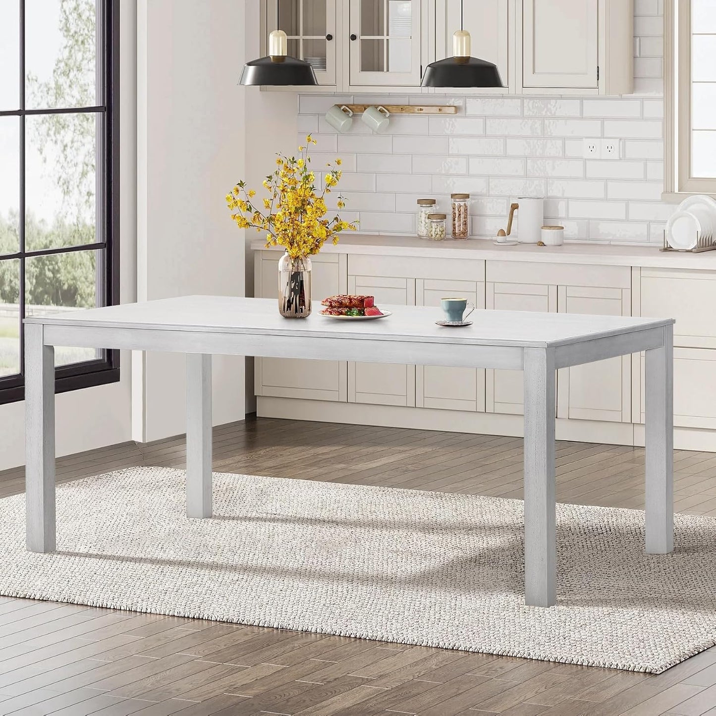 COLAMY 7-Piece Dining Table Set for 6, 60" Kitchen Wood Table with 6 Nailhead Dining Room Chairs, White/Beige