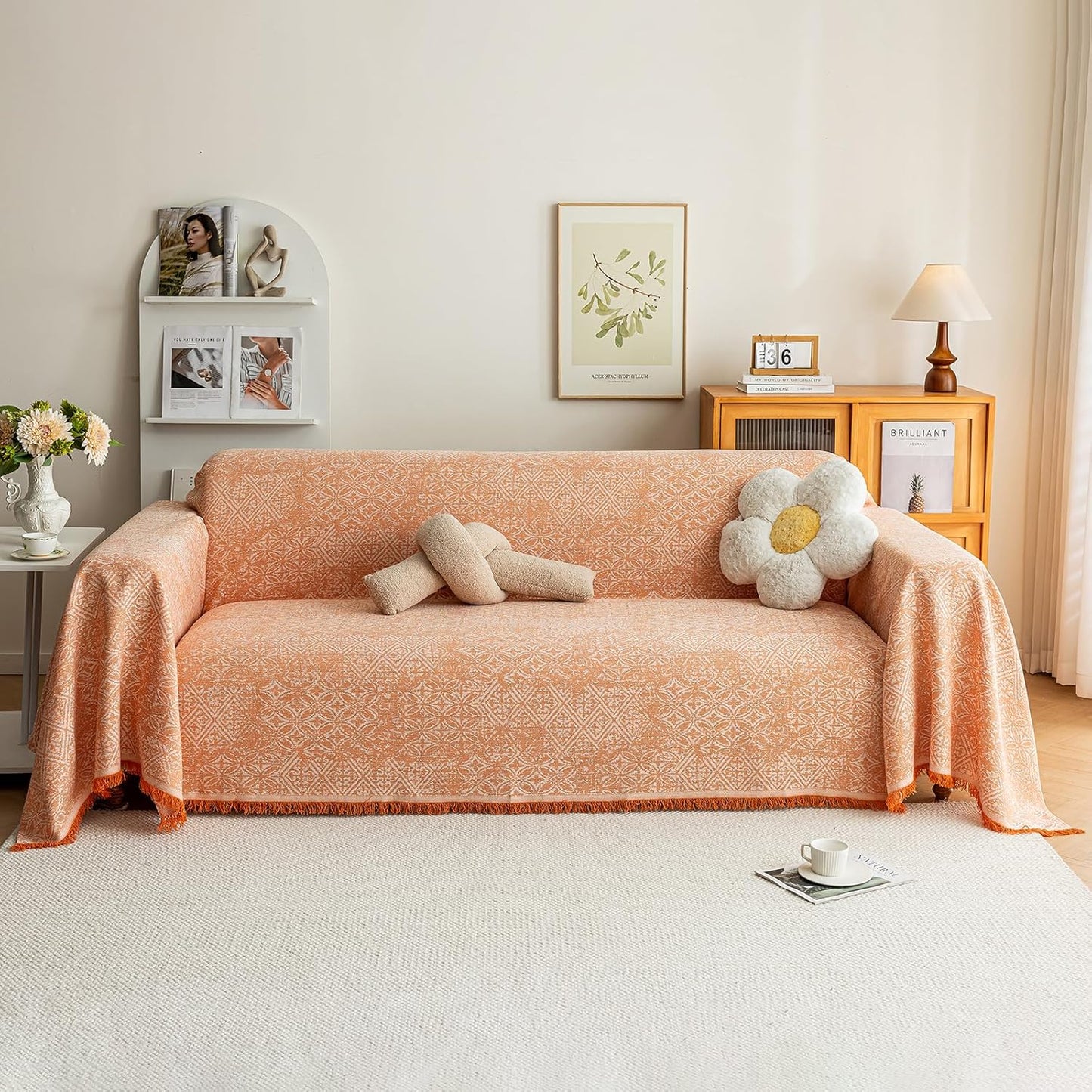 STACYPIK Boho Sofa Cover for Pets, Orange Geometric Couch Cover for 3 Cushion Sofa, Washable Dogs Protector for Living Room, Anti-Slip Sectional Covers for Loveseat with Tassel Throw Blanket-71X134IN