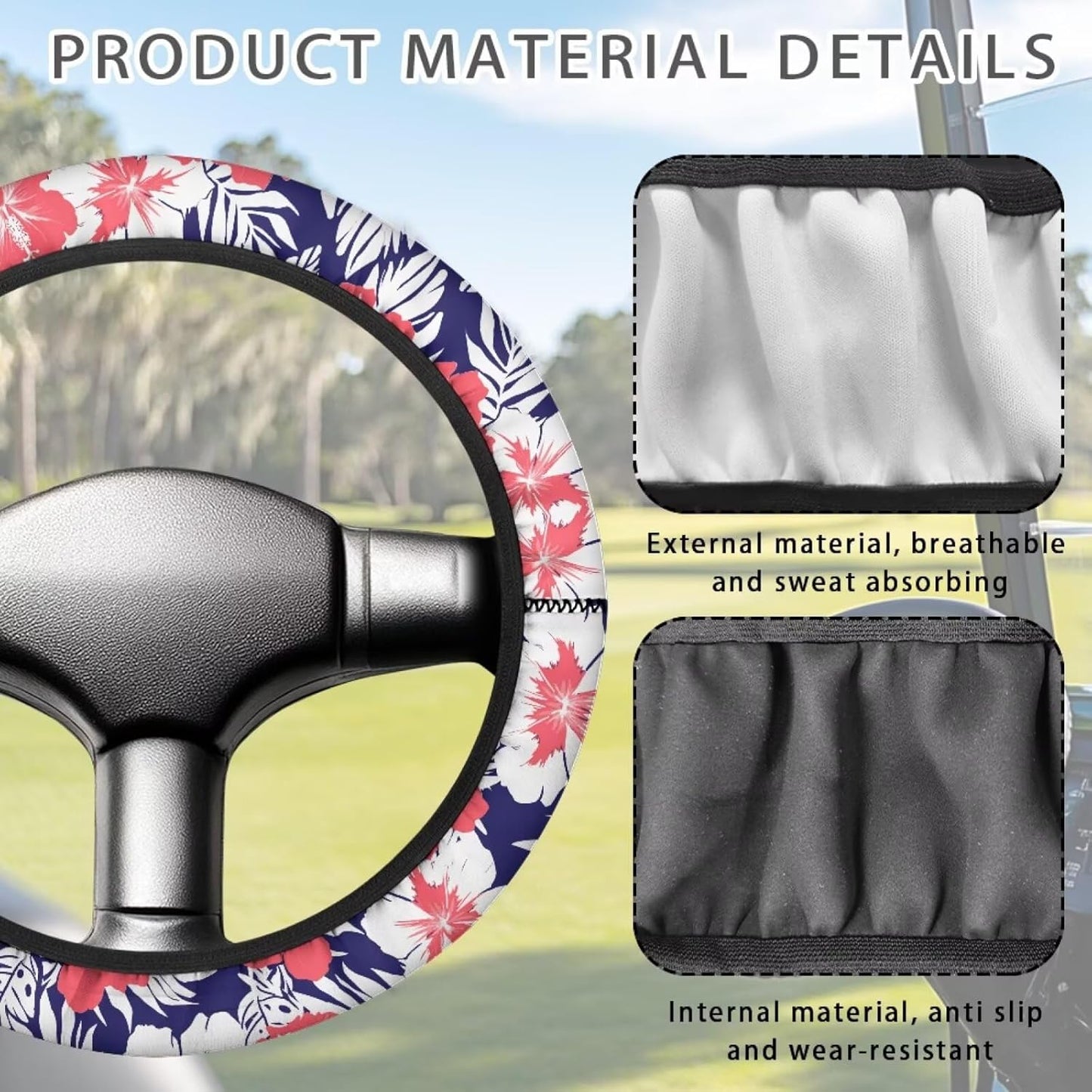 Tropical Hibiscus Golf Cart Steering Wheel Covers, 13-14 Inch, Multicolor, Polyester, Universal Fit