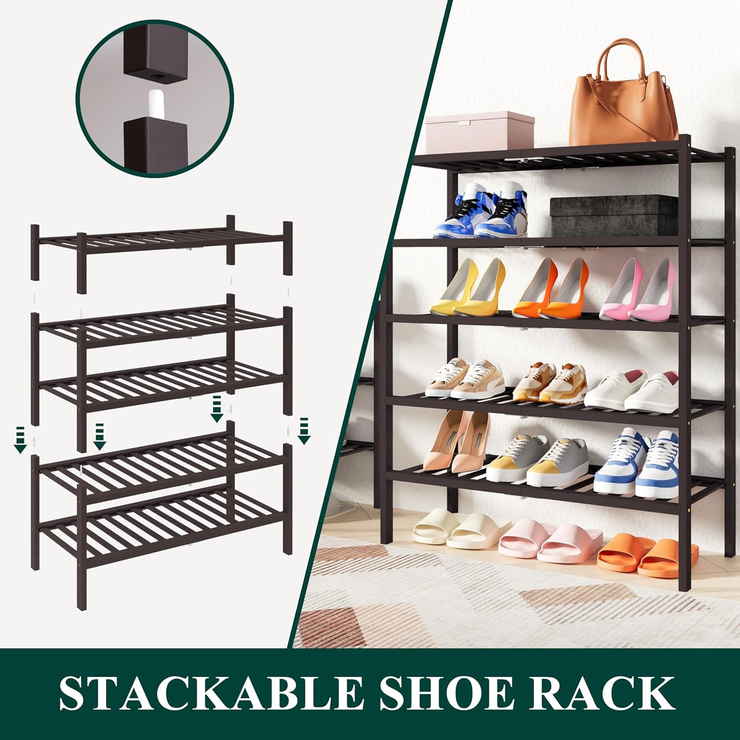 Smiry Shoe Rack, 5 Tier Thick Bamboo Shoe Organizer, Stackable Free Standing Wooden Shoe Storage Shelf for Closet, Entryway, Front Door Entrance, Brown