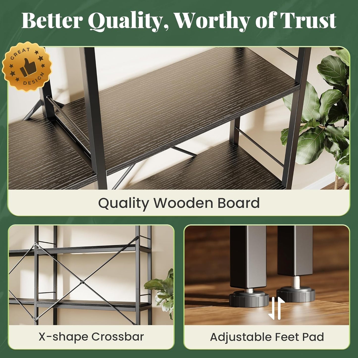 Huuger 5 Tier Bookshelf, L Shaped Corner Bookshelf with 10 Open Shelves, 49.4 Inch Straight Wide Bookcase with Metal Frame and Wooden Board, Adjustable Feet, Black