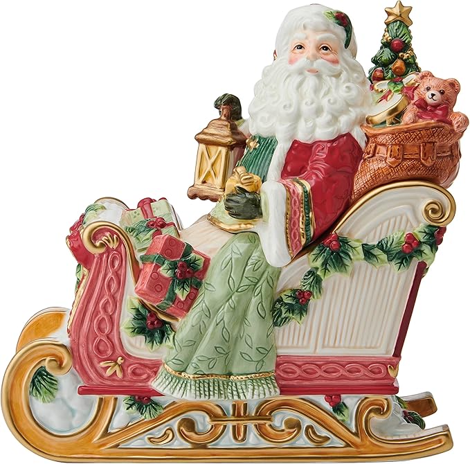 Fitz and Floyd Santa Crimson Holiday Ceramic Cookie Jar, Christmas Treat Kitchen Countertop Storage Jar with Removable Lid, 10 Inch