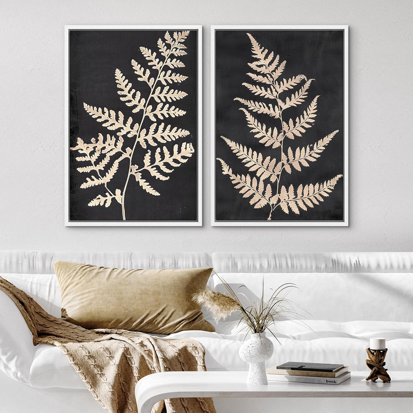 SIGNWIN Framed Canvas Print Wall Art Vintage Fern Leaf Silhouettes Natural Botanical Rustic Illustrations Modern Art Decorative Contemporary for Living Room, Bedroom, Office - 16"x24"x2 White