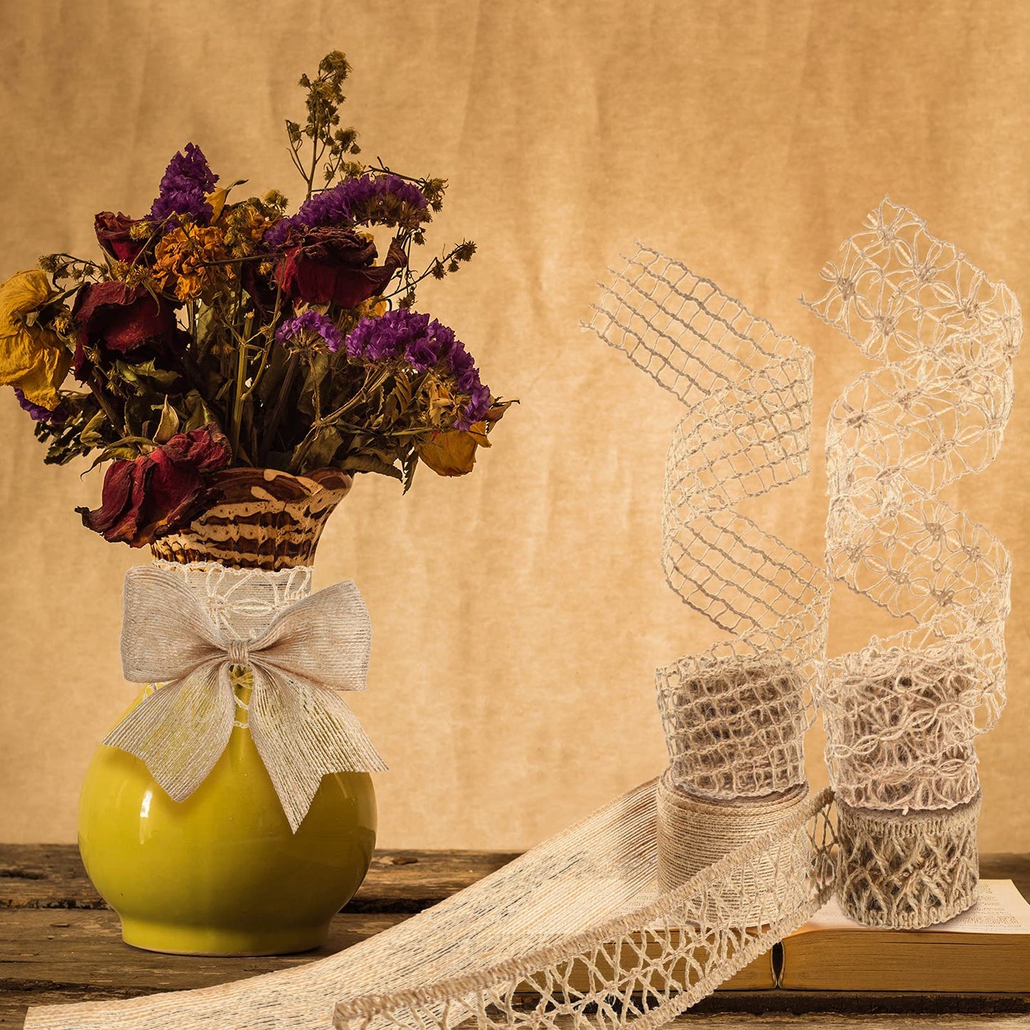4 Rolls Burlap Ribbon Wired Natural Jute Burlap Lace 1.6-2 Inch x 16.4 Yard Wrapping Ribbon for Crafts, Big Bows, Spring Outdoor Decoration, Wedding Gift Wrapping, Wreath, Holiday Party DIY Home Decor