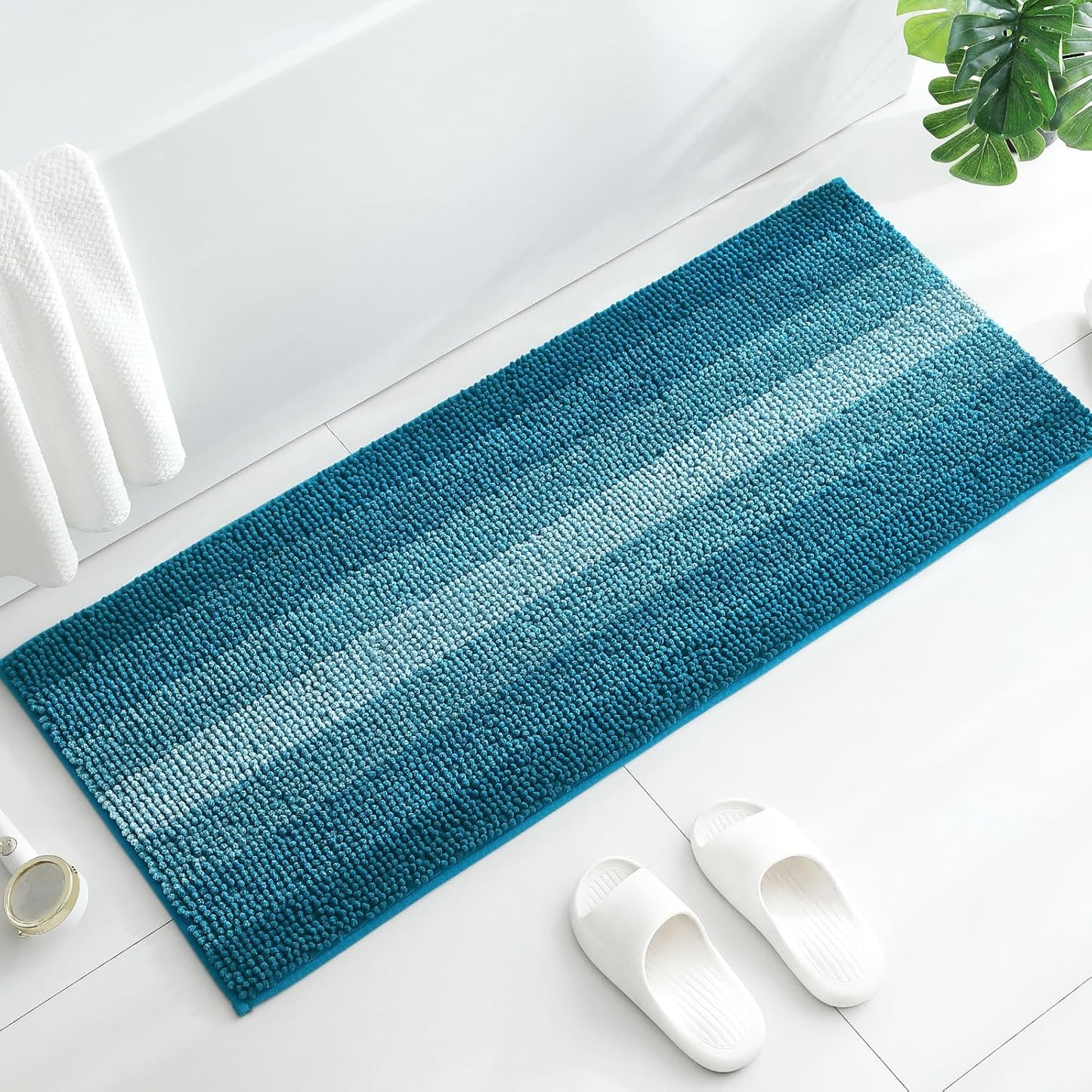 Gibelle Long Bathroom Rugs, Luxury Chenille Bath Mat, Small Non Slip Shower Rug and Bath Room Floor Mats, Machine Washable, Quick Dry Bathmat, Soft Cozy Plush Rug for Tub, 20" x 47", Teal