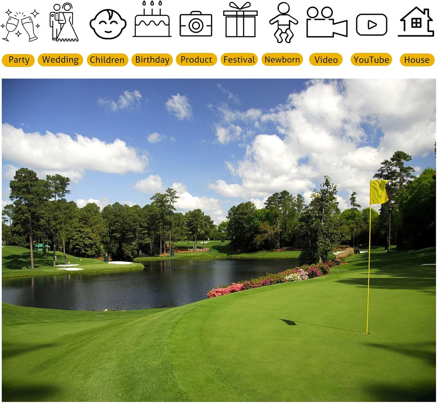 Golf Course Backdrop 8x6ft Green Grass Bush Stake Hole Water Hazard Backgrounds Golf Theme Sports Party Decorations Holiday Vacation Banner Photo Shoot Props