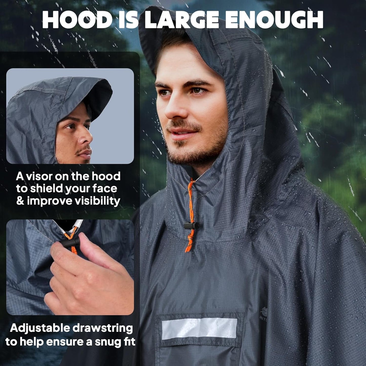 ANYOO Hooded Rain Poncho for Adults Waterproof Lightweight Rain Coat for Men Women Reusable Rain Jacket for Emergency Outdoor