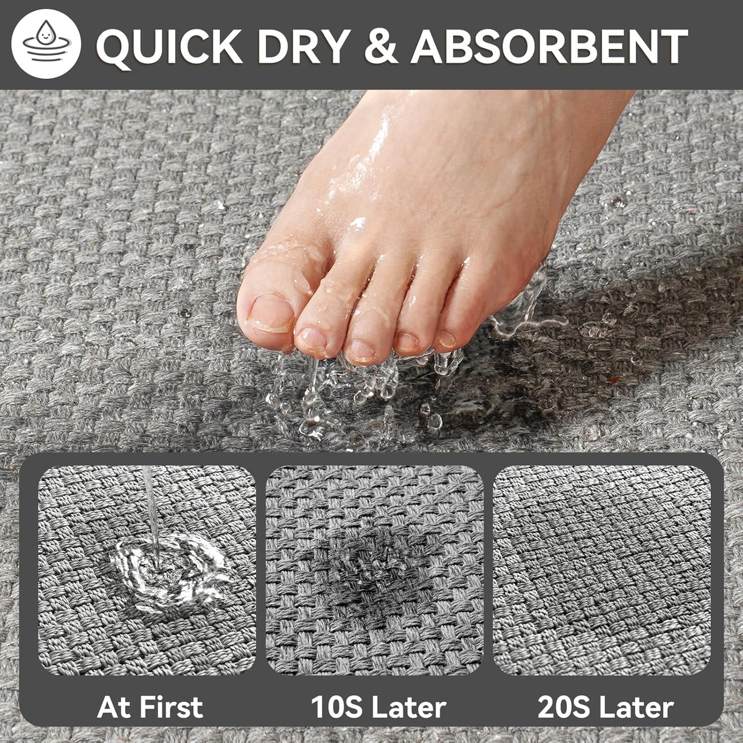 Non Slip Bath Mat Bathroom Rugs, Soft Jute-Like Ultra Thin Bath Mats, Rubber Backing Super Absorbent Quick Dry Bath Rug Shower Mat Fit Under Door Bathroom Floor, Machine Washable, Gray 16" x 24"