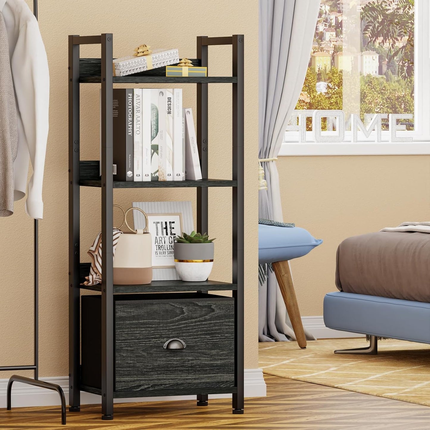 Furologee 4 Tier Bookshelf with Drawer, Small Narrow Bookcase, Wood and Metal Standing Shelf Unit, Industrial Display Storage Shelves Organizer for Bedroom, Living Room, Entryway, Black