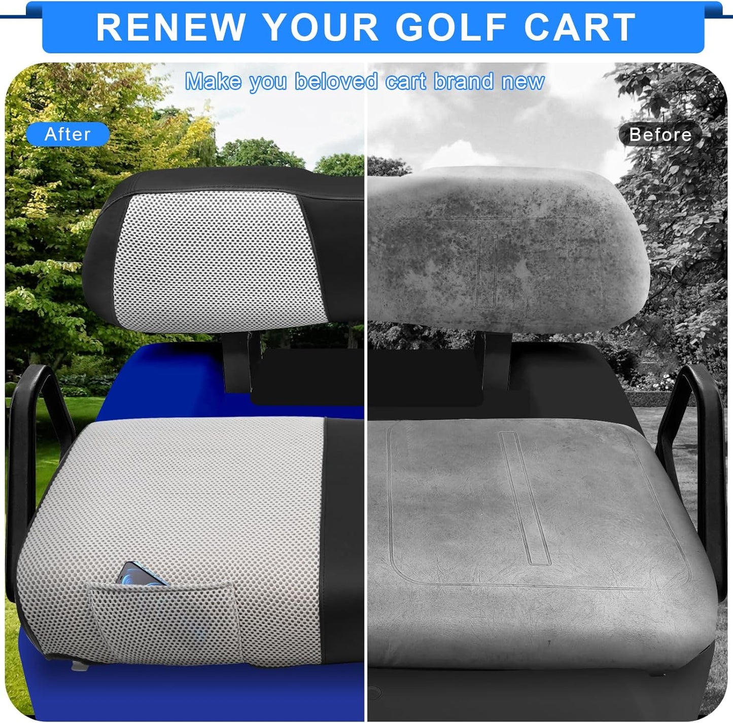Golf Cart Seat Covers For Club Car DS Seat Cover OEM Front,Breathable Fabric and Leather Front Seat Cover Like Gloves,Full Wrap-Around Design of Club Car DS (2000 to Up) Golf Cart Front Seat Cover