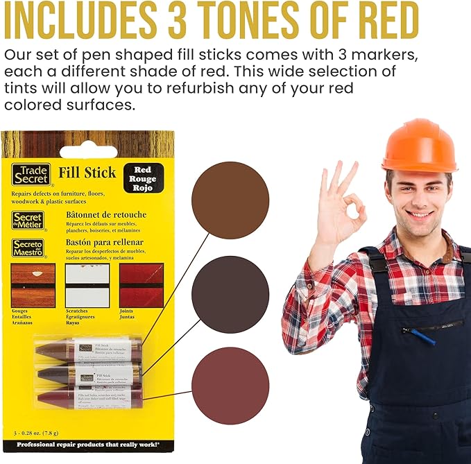 Wood Scratch Repair Fill Stick for Red Surfaces (Set of 3), Great for Touch-Ups and Repairs on Hardwoods Floors, Furniture, Cabinets and Plastic Surfaces.