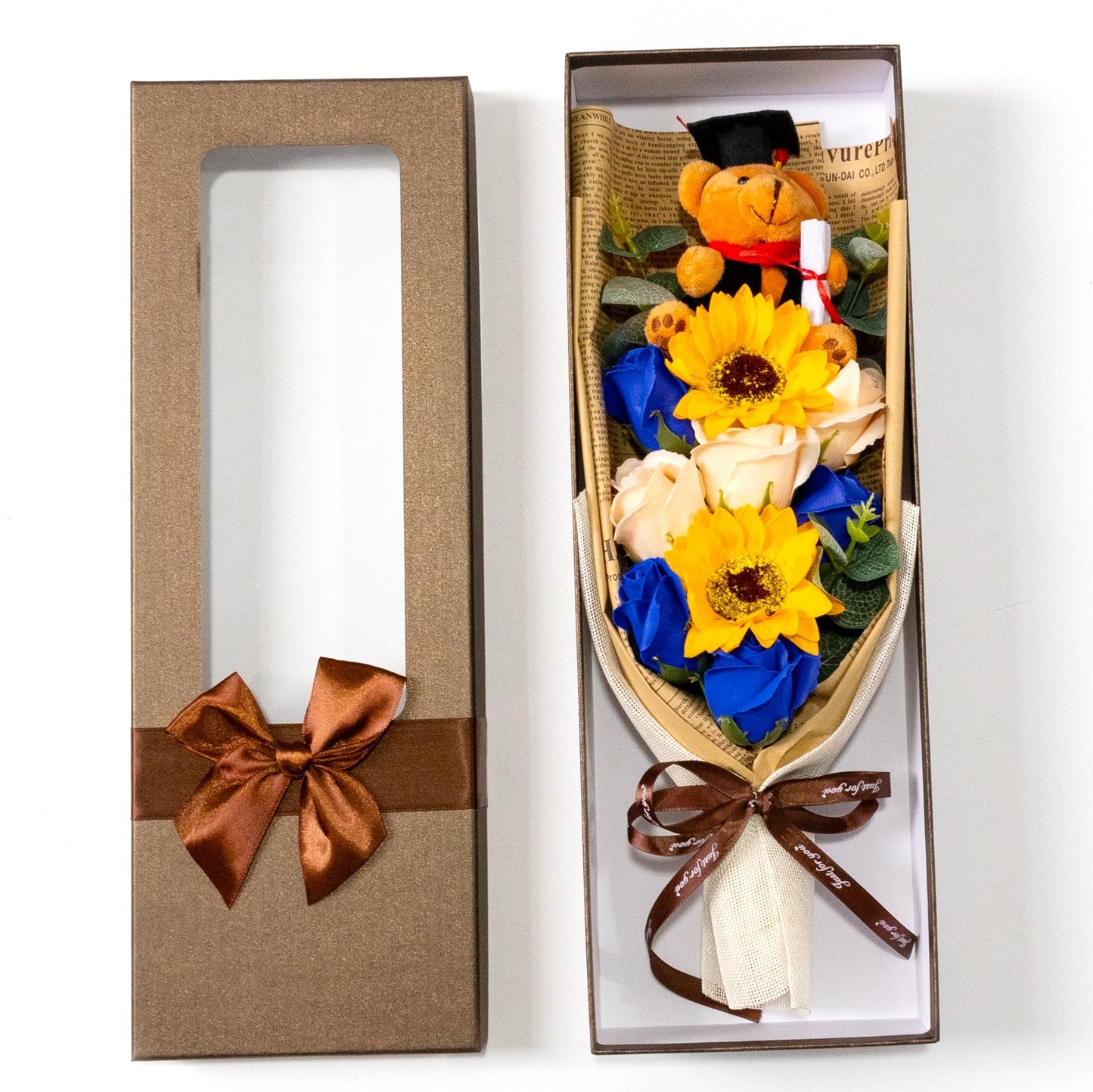 Ansuma 13" Graduation Rose Sunflower Scented Soap Flower Bouquet Mini Plush Graduate Teddy Bear with Grad Cap Floral Arrangements Gift Box for Graduation Party Favors Supplies (Blue)