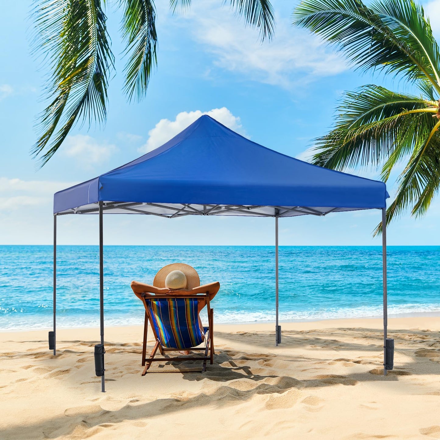 NEWBULIG 10x10 FT Pop Up Canopy, Heavy Duty Sun Shade, Portable Outdoor Shelter with Sand Bags for Camping/Beach/Backyard, Classic Blue