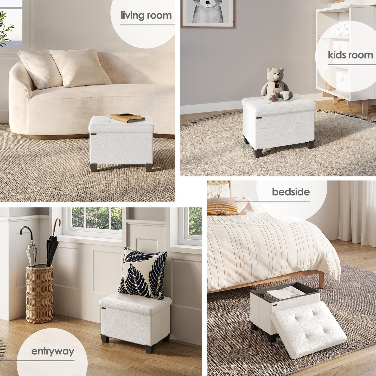STORAGEBUD Storage Ottoman Cube with Small Bin, 16-in Square Ottoman with Storage for Living Room and Bedroom, Small Ottomans Foot Rest, Faux Leather Foot Stools Ottomans Max 330lbs, Cream